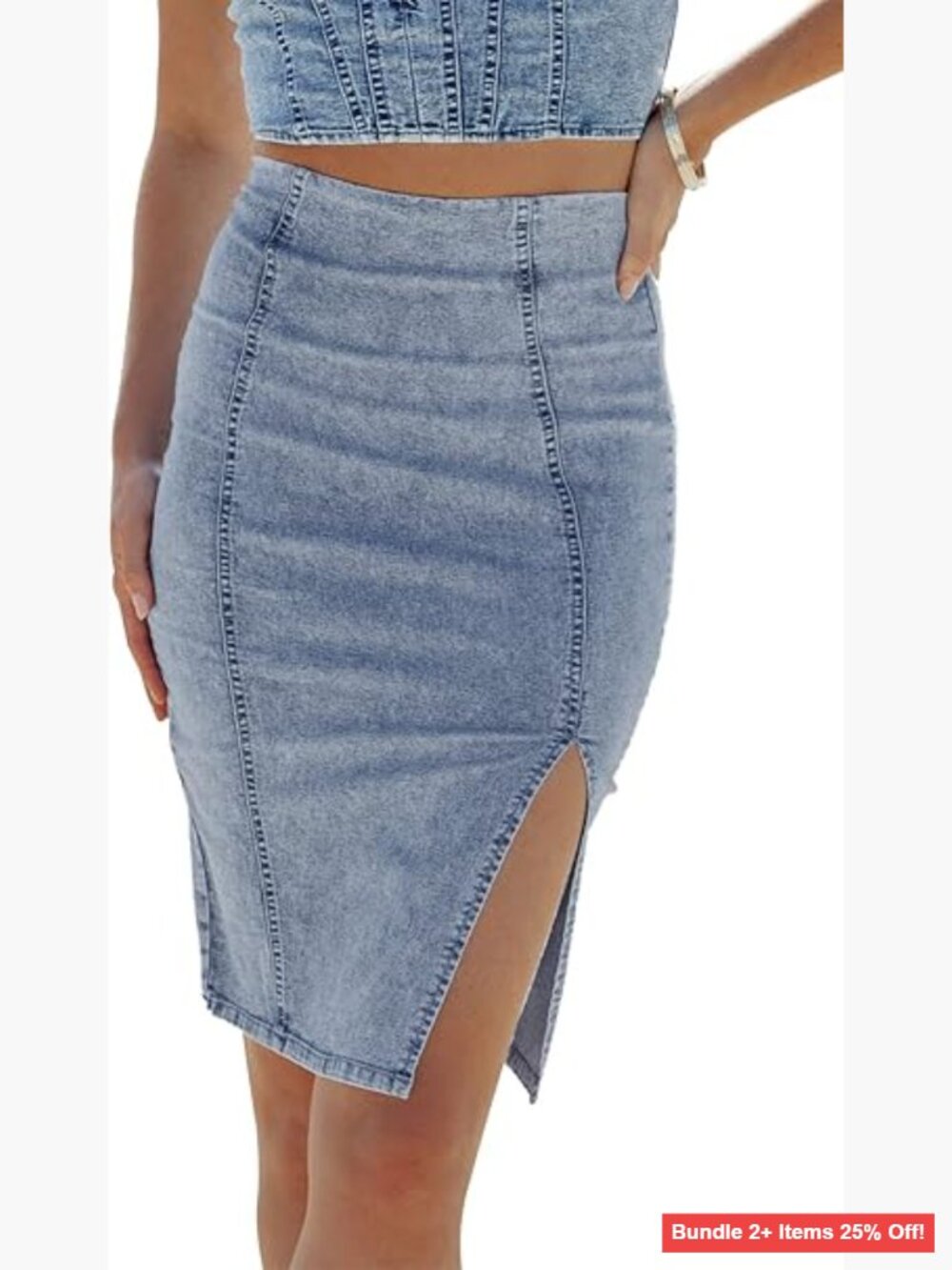 High Waisted Denim Pencil Skirt Stretch Knee Length Side Split Hem